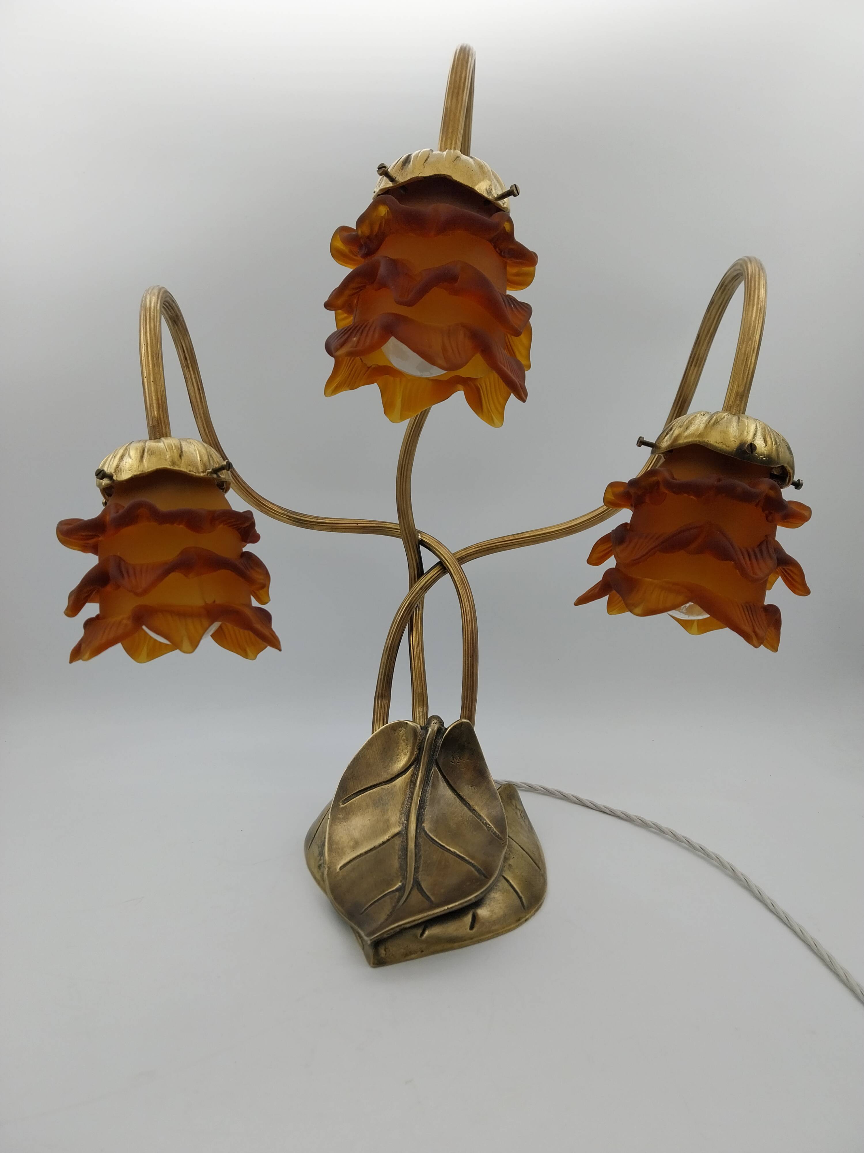 Brass leaf lamp with glass paste flowers