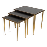 Neo-classical nesting tables in brass and leather - Belgium 1960's
