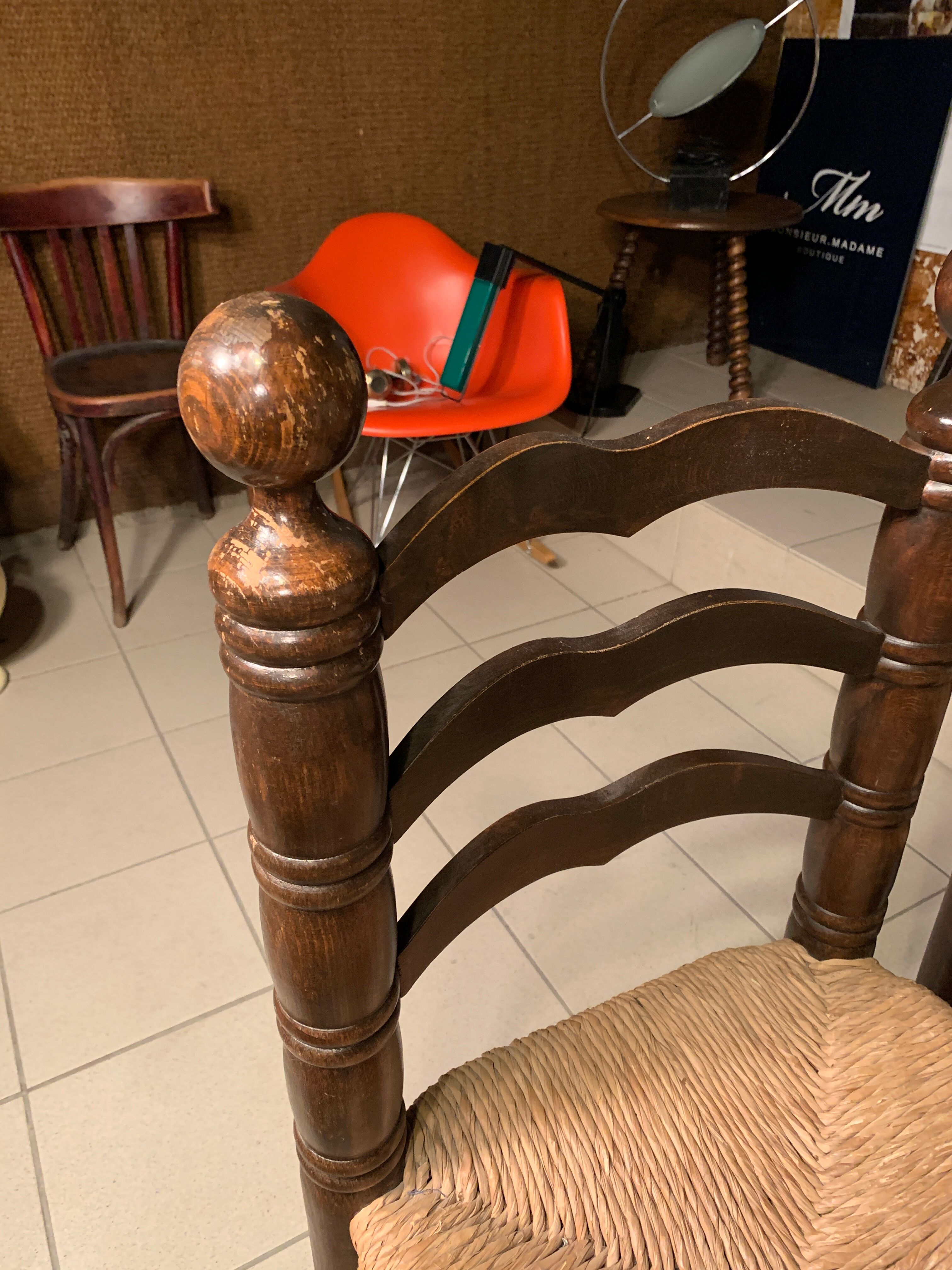 Pair of solid wooden chairs and mulched seat