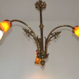 Art Nouveau three-light chandelier in bronze with orange and green glass shade, France.