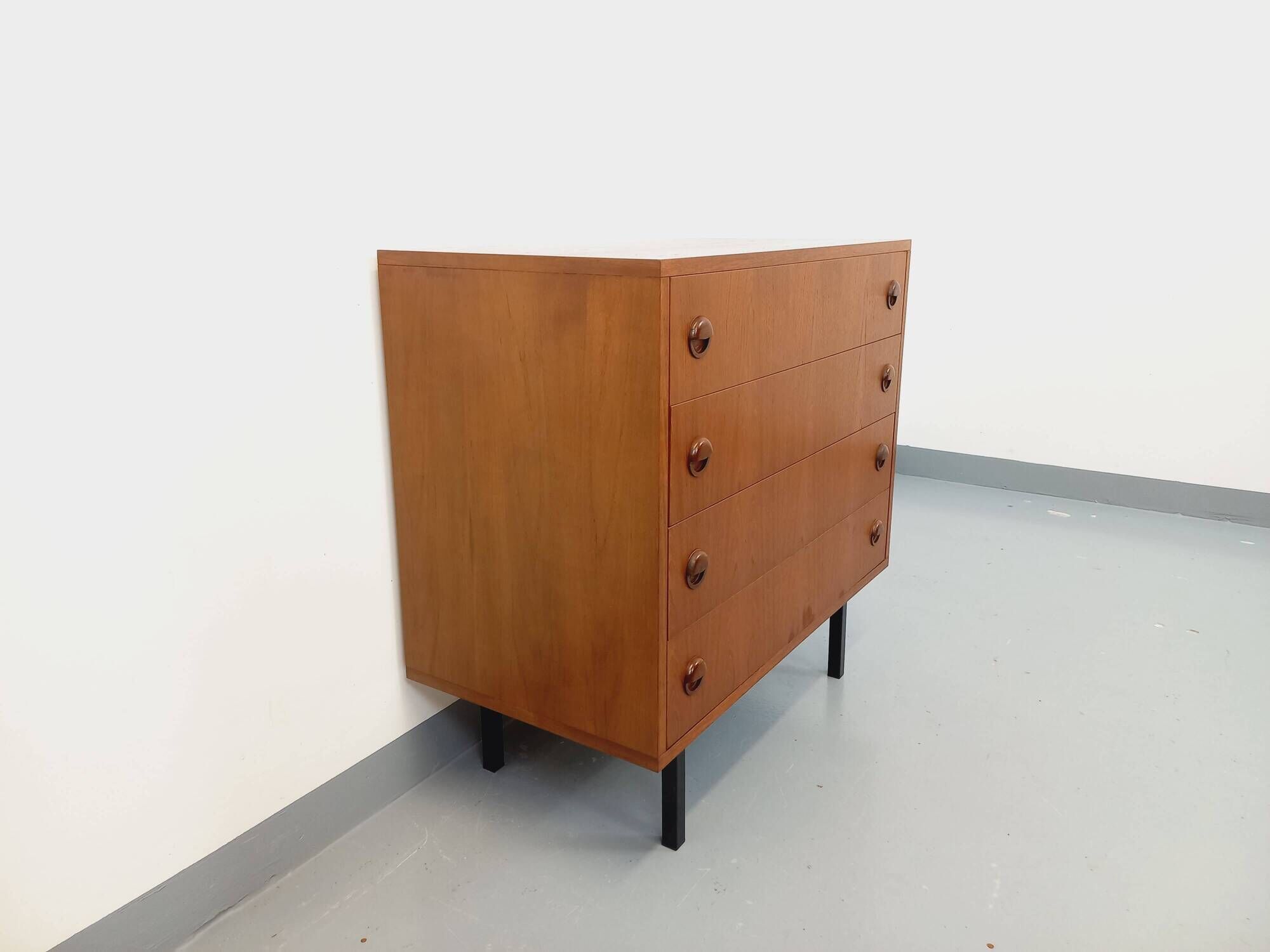 Vintage Scandinavian style chest of drawers in teak and black metal from the 60s