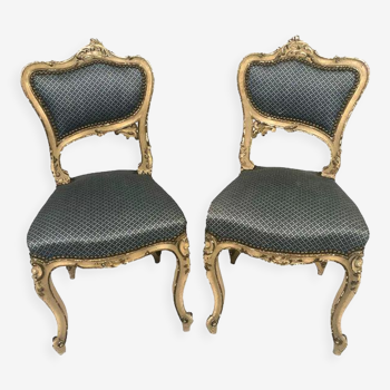 Pair of chairs in cream lacquered wood cracked effect, gold rechampi, rocaille style