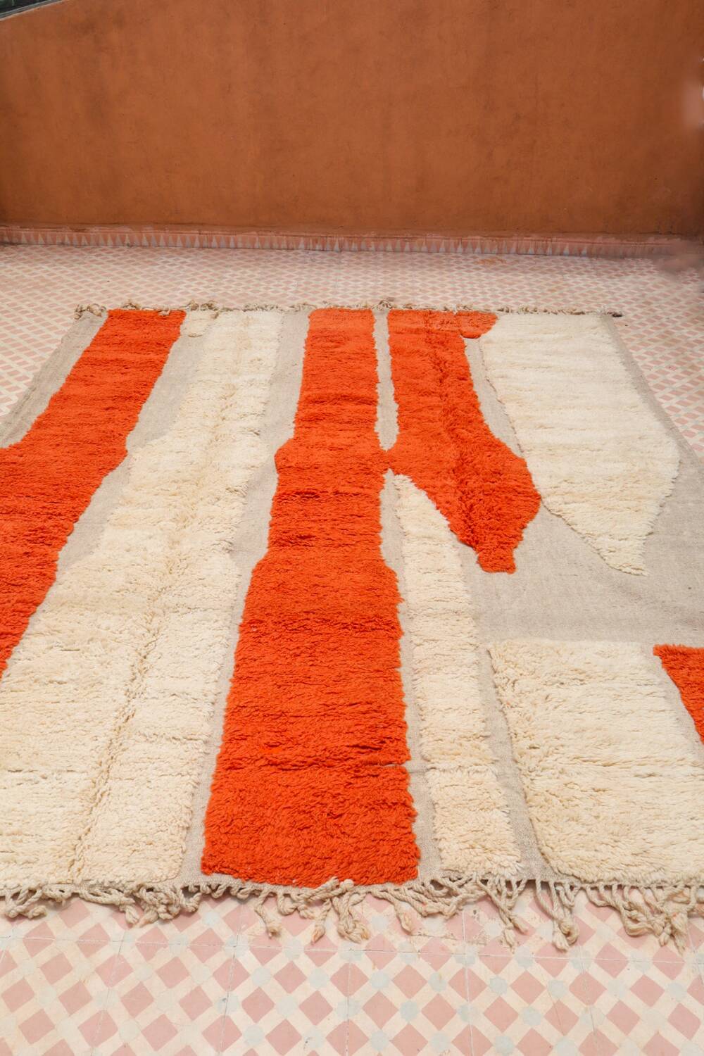 Modern relief orange and white Moroccan Berber rug