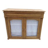 Antique wooden sideboard, fabric doors and pearl grey shelves.