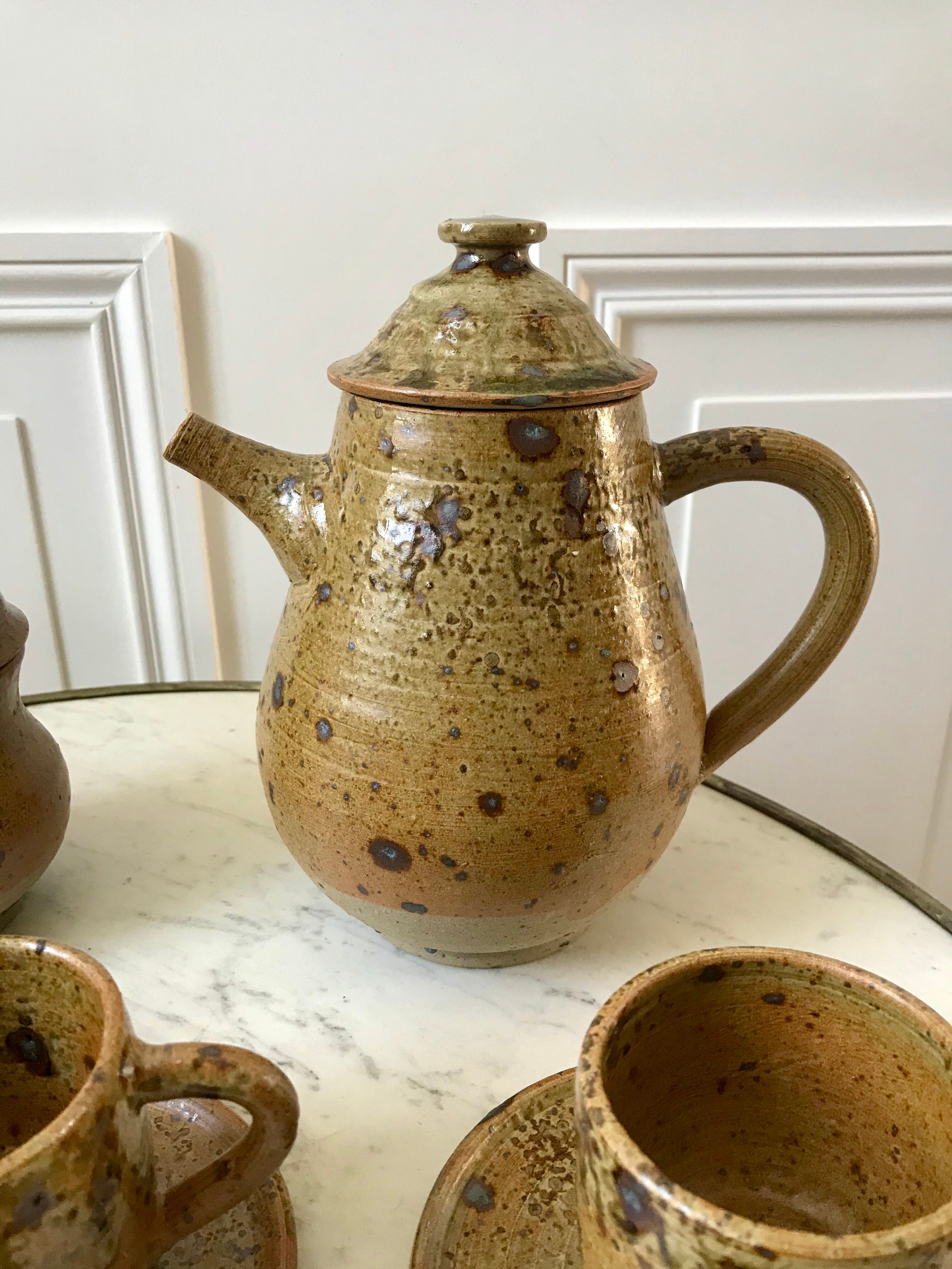 coffee service 6 cups and saucers, teapot and sugar bowl in ceramic / pottery / stoneware years 50-6