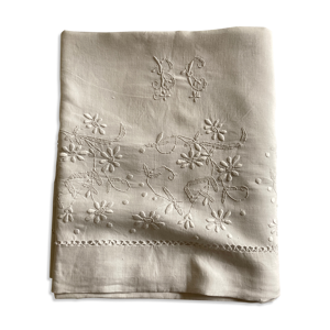 Drap de printemps en toile de lin brodée de marguerites 1950