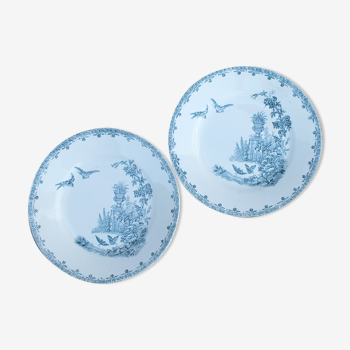 Duo of old plates in Iron Earth decorated with birds and butterflies
