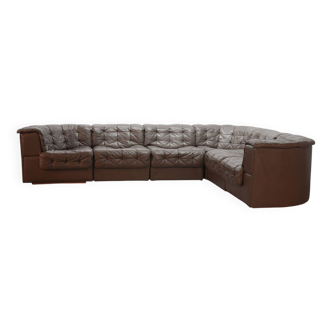 De Sede DS11 Patched Brown Leather Modular Sofa 6 Elements. Germany, 1970s