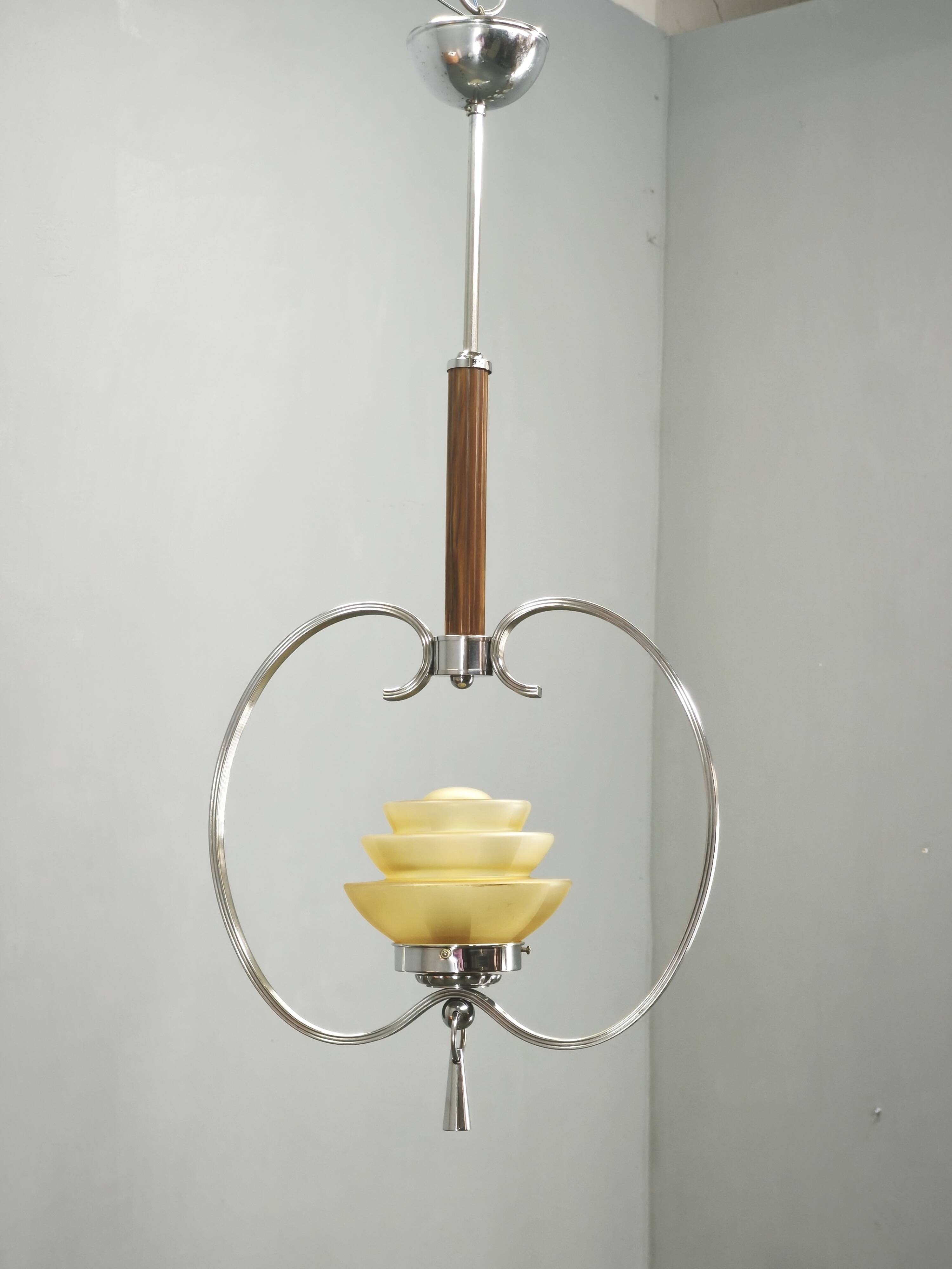 1930s Czech Art Deco Chrome and Frosted Glass Chandelier