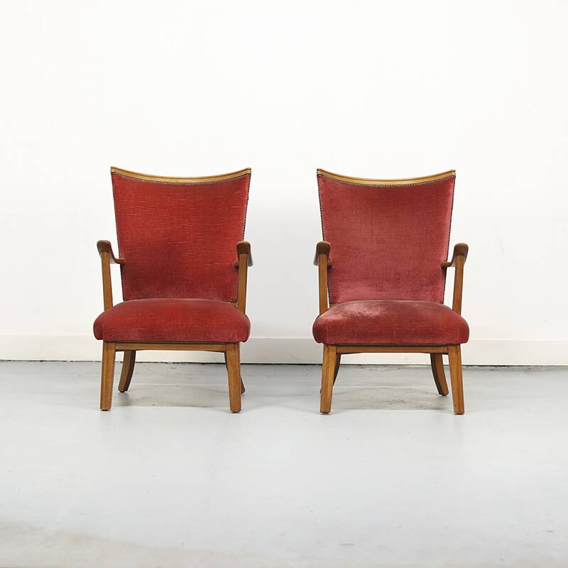 Set of Two Vintage Armchairs with Oak Frames
