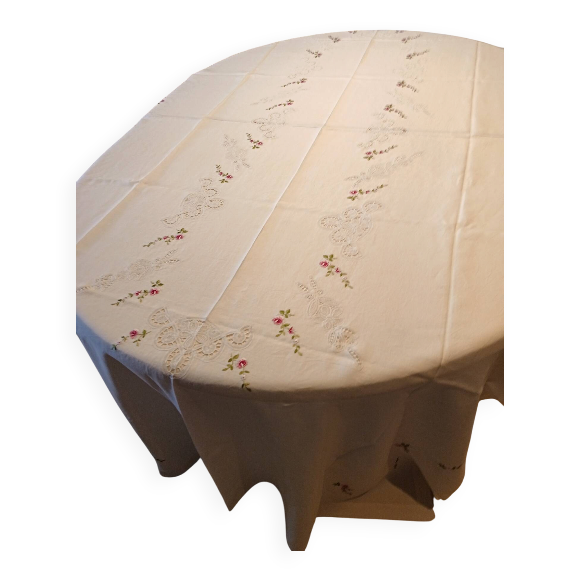 Large antique hand-embroidered tablecloth