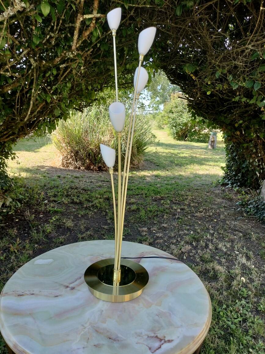Vintage lamp with 5 branches in gilded brass and opaline – Stilnovo spirit / But