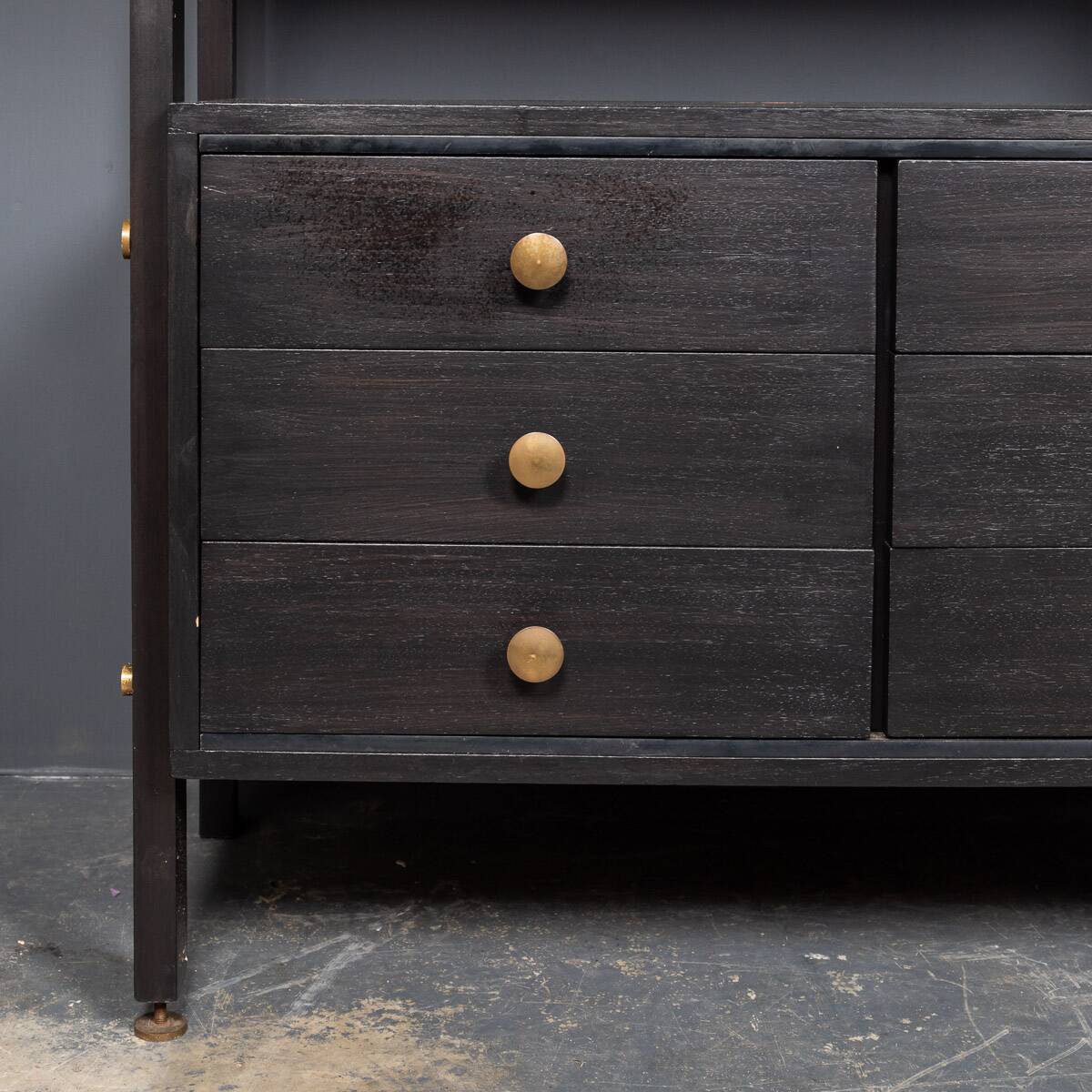 Striking 20thc italian ebonised etageres with open back & storage c.1970