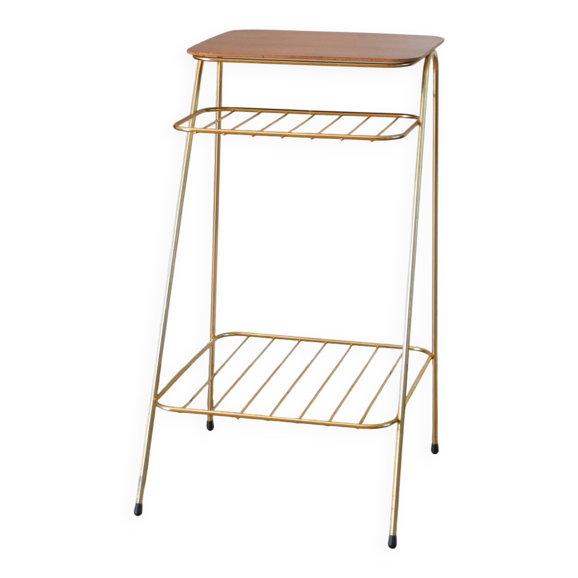 Small brass side table with a teak top, 1960.