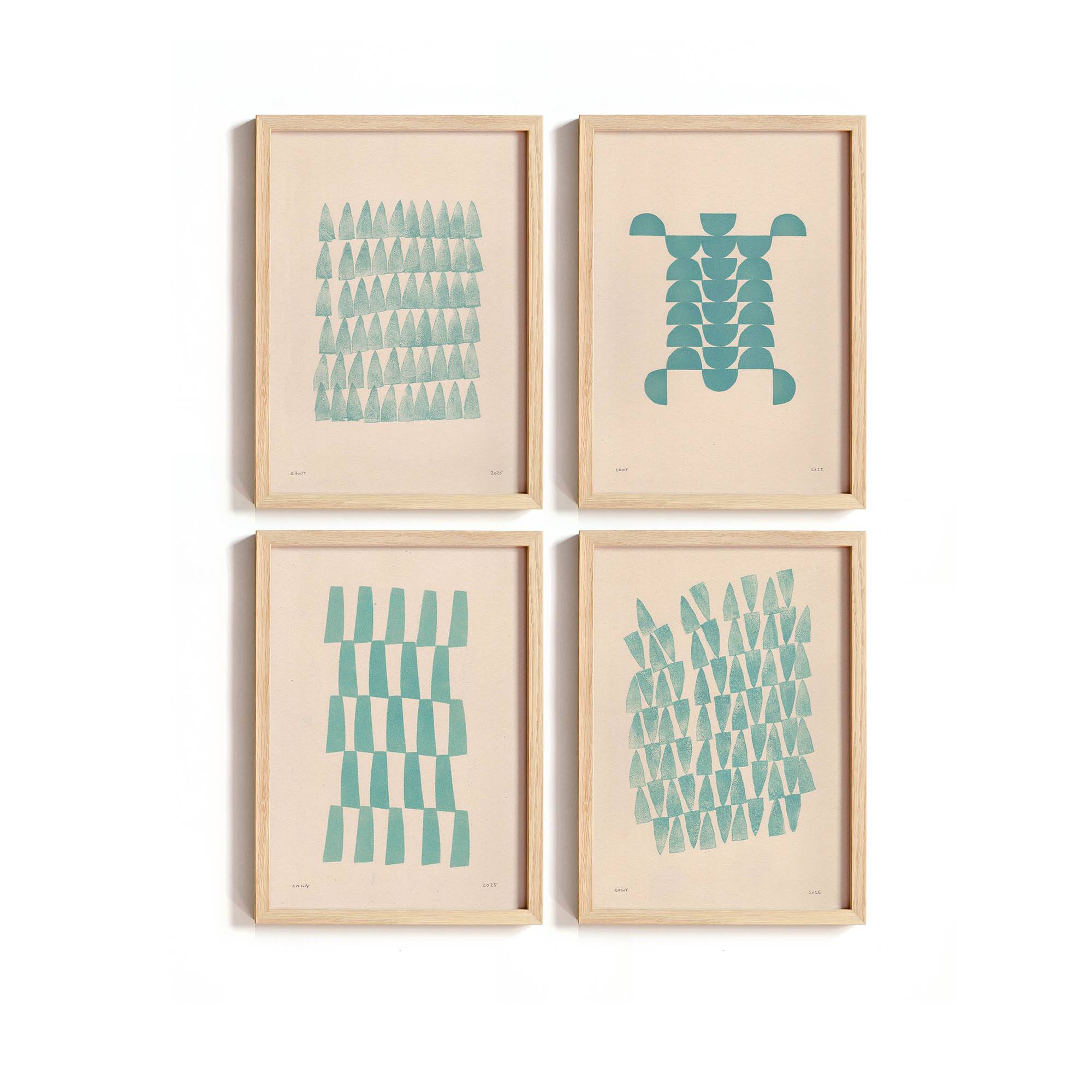 Collection of 4 abstract oil blue paintings by Eawy