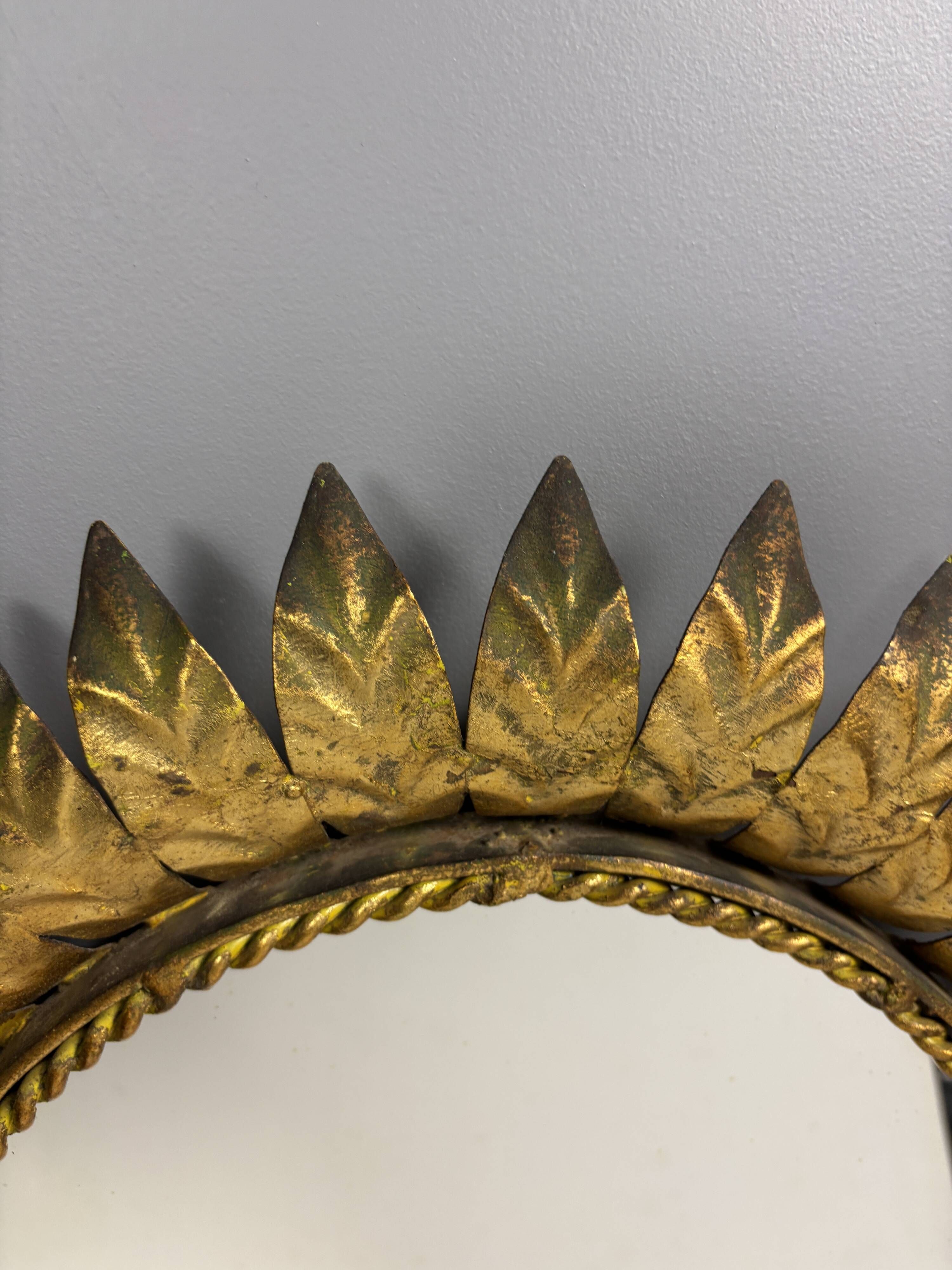 Midcentury bohemian hollywood regency spanish gilt metal sun mirror, 1960s