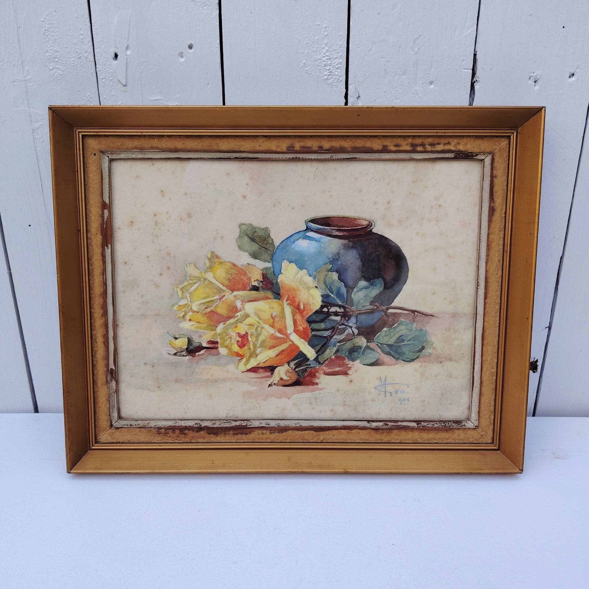 Watercolor bouquet of roses in preparation, Géo, 1948