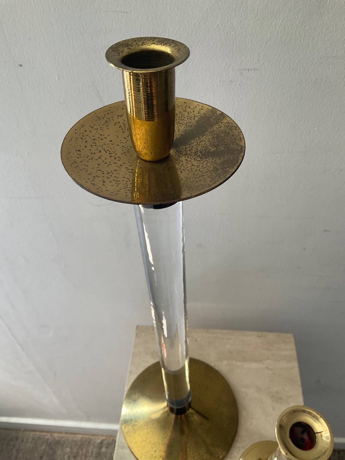 Duo of vintage brass and lucite candlesticks