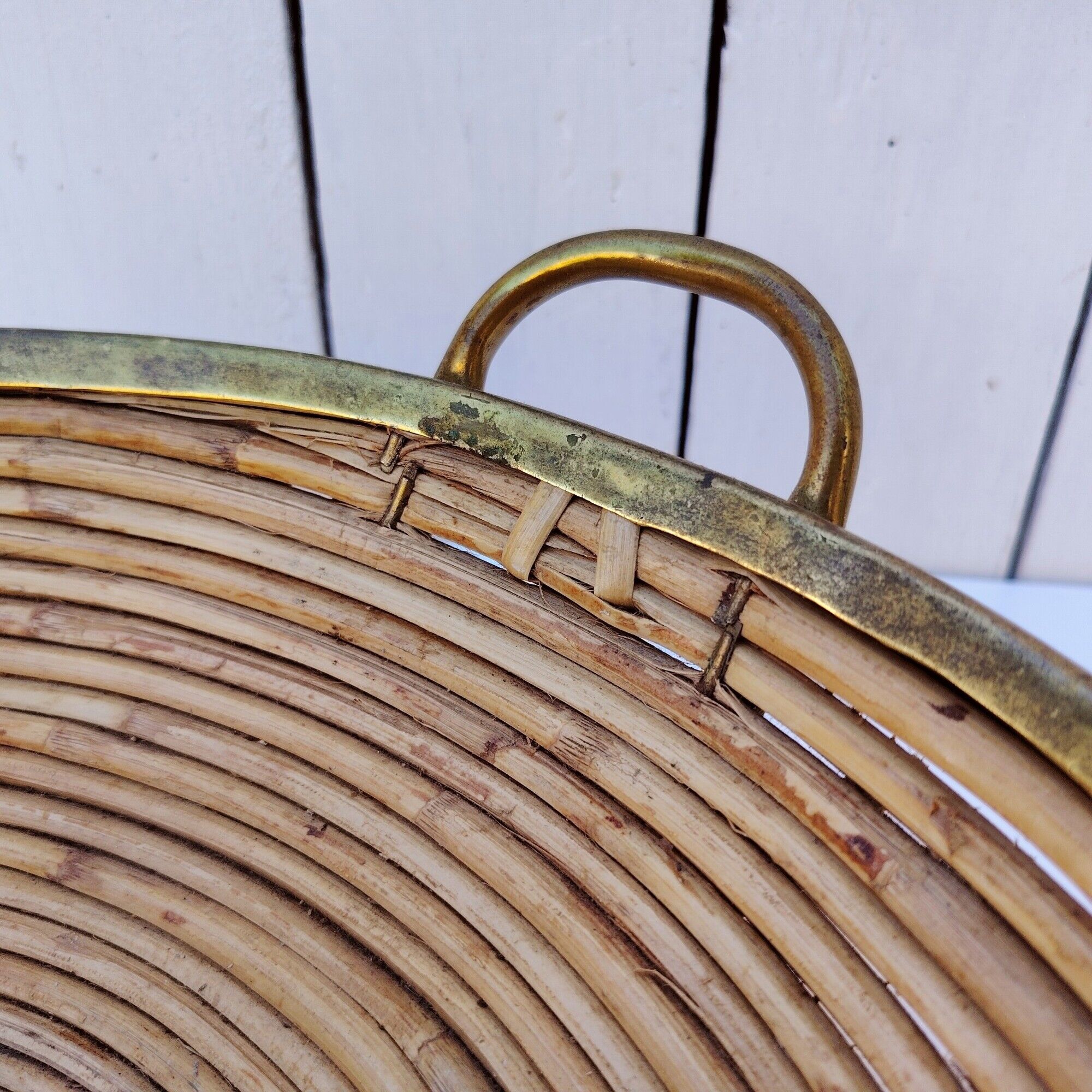 Rattan and brass basket in the style of Gabriella Crespi.