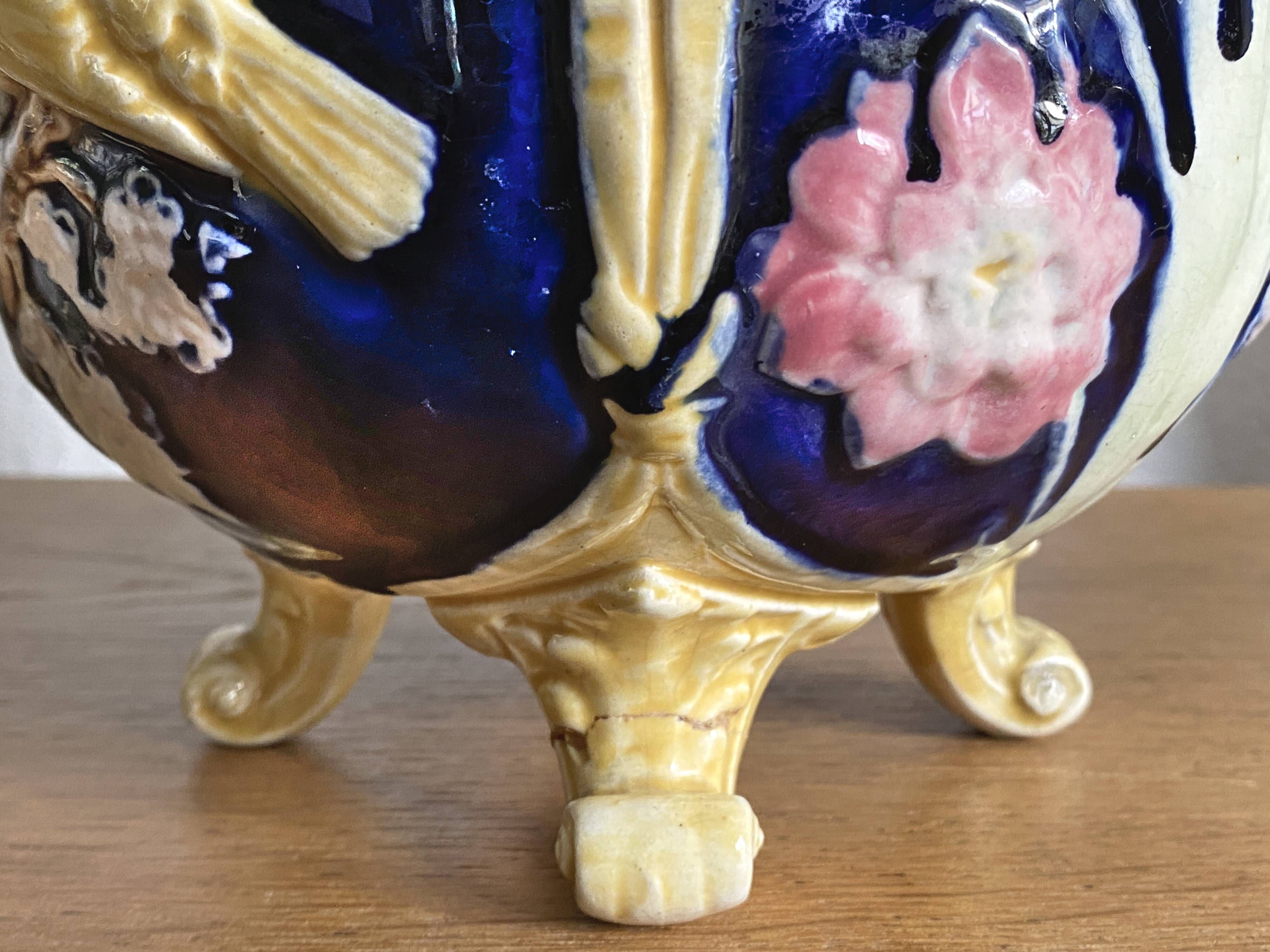 Antique earthenware flowerpot with bird decoration - circa 1900