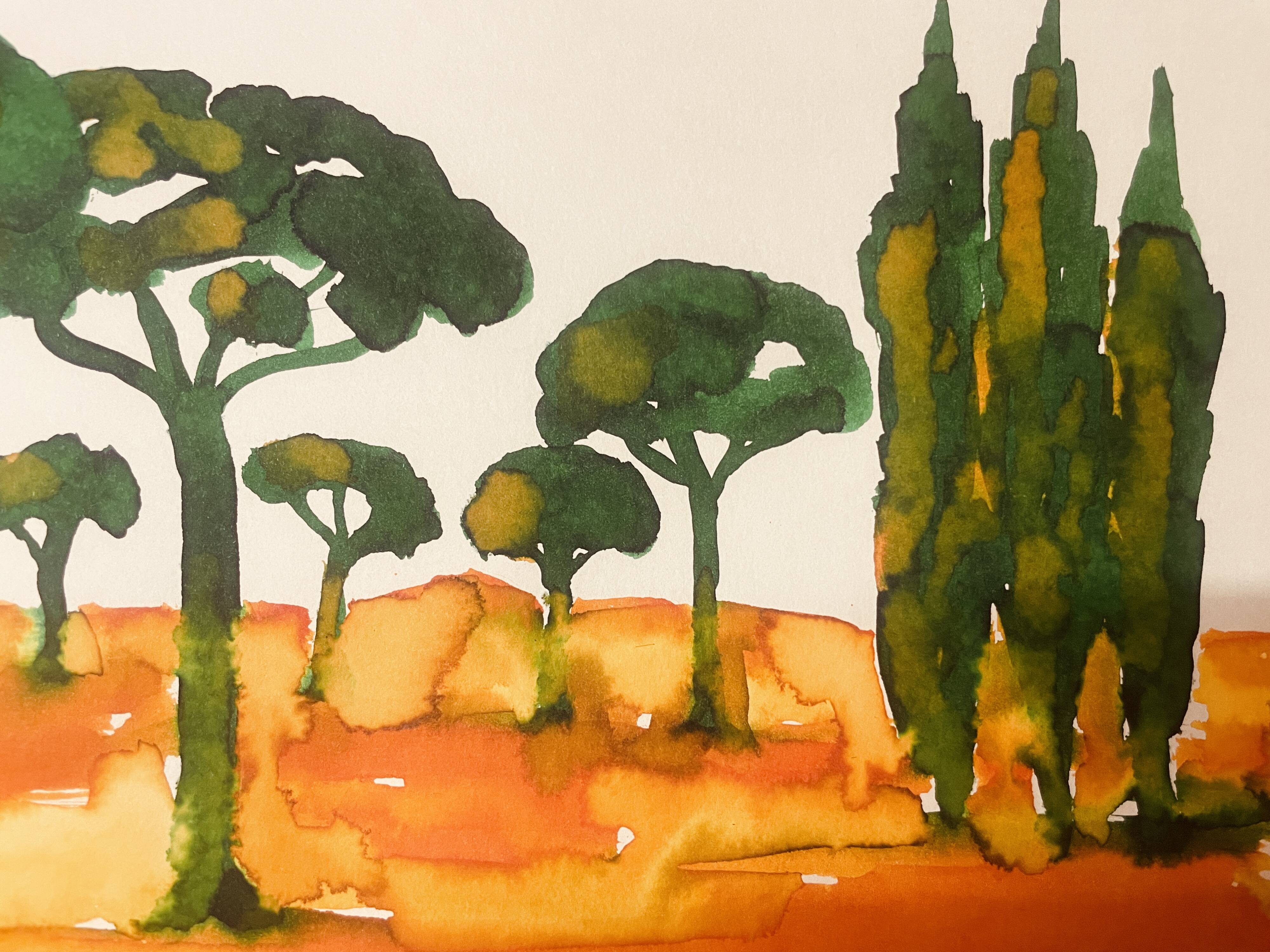Tableau signé paysage « Lever de soleil provençal dans la pinède »