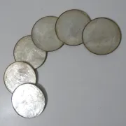 set of 6 vintage mother-of-pearl and brass coasters