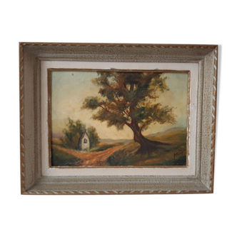 Oil painting on cardboard framed vintage landscape