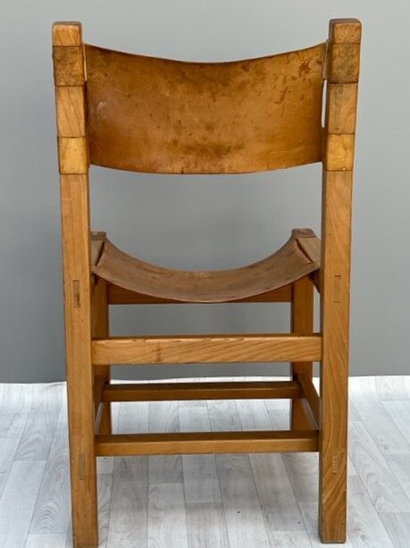 4 chaises en orme massif et cuir, Maison Regain années 70