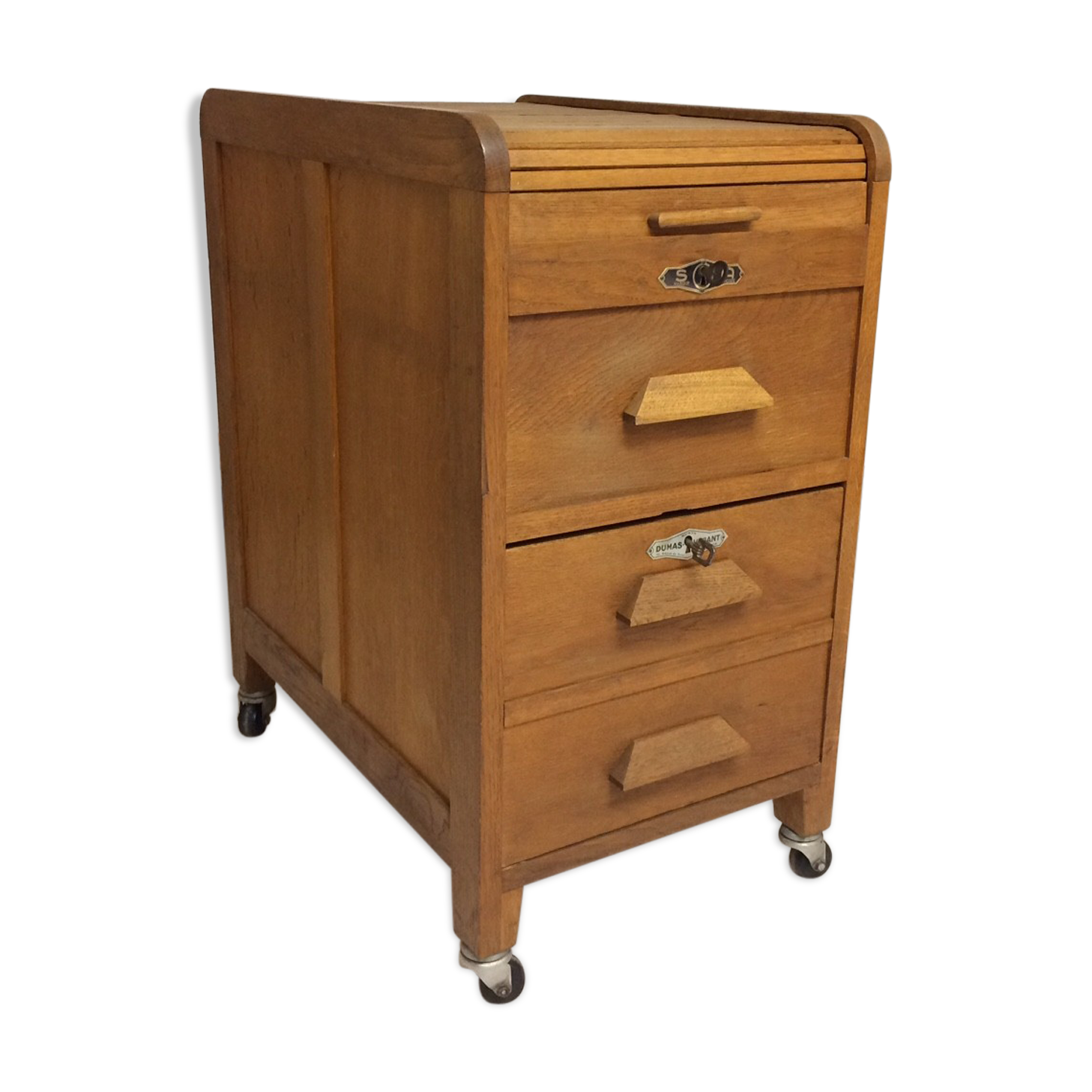 Old curtain oak wheeled box 1950