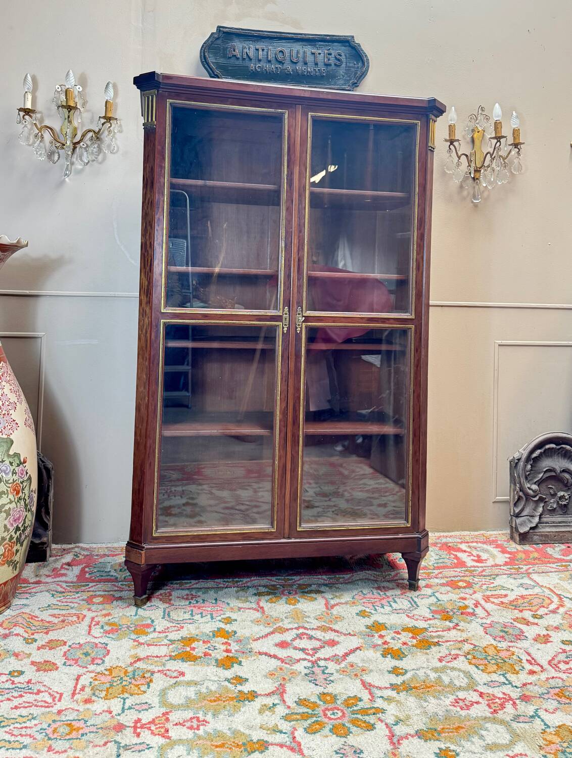 Library, mocheté mahogany display case in louis xvi style 19th century