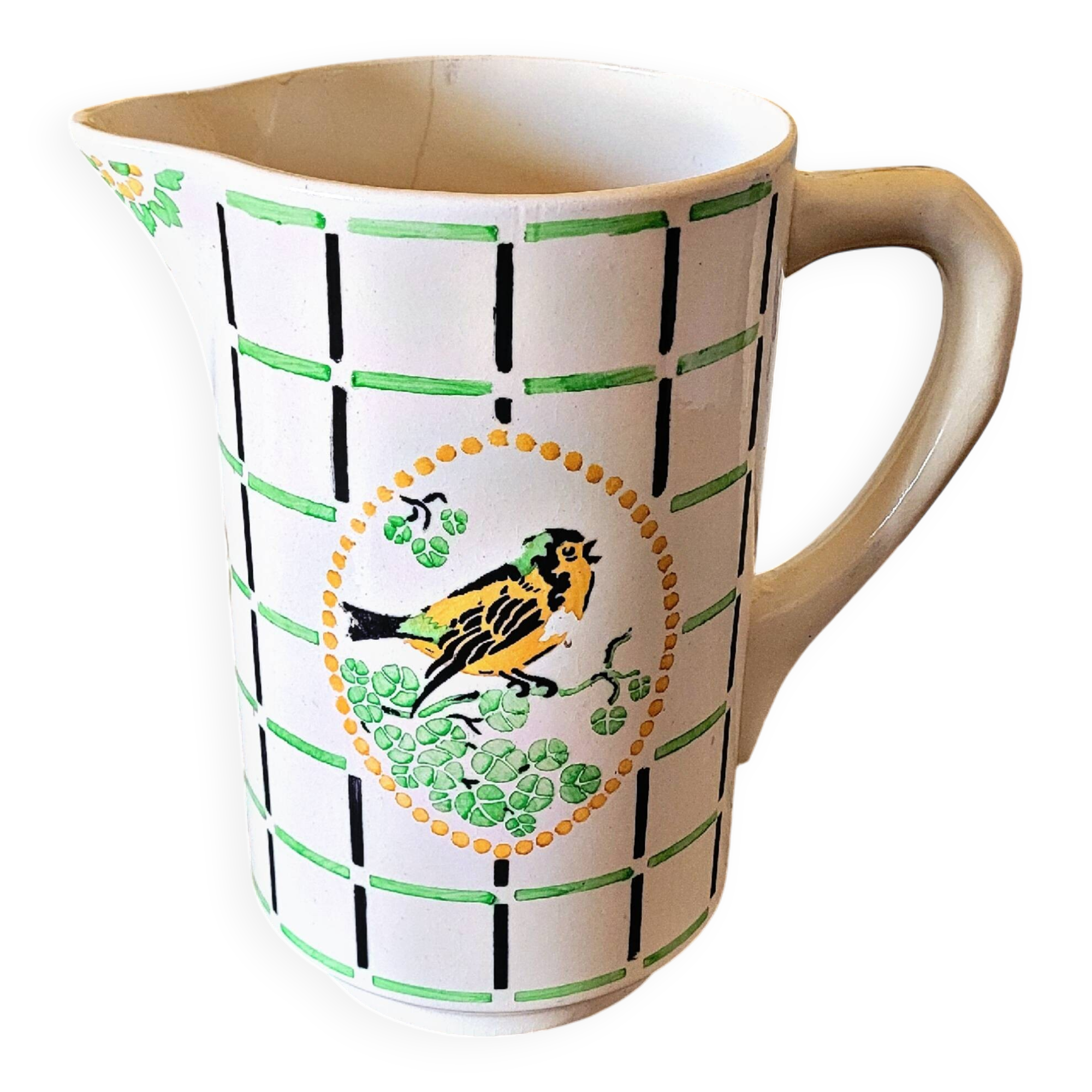 Pitcher / Vase Choisy Le Roi HBC Chatou, green orange black bird decoration