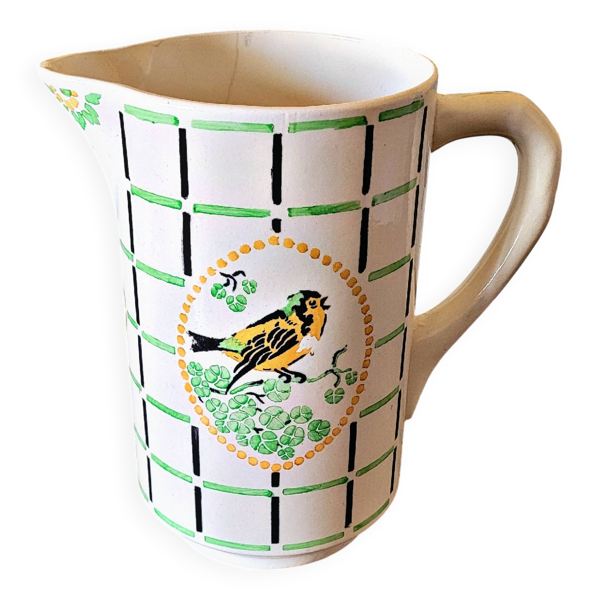 Broc / Vase Choisy Le Roi HBC Chatou, décor d'oiseau vert orange noir