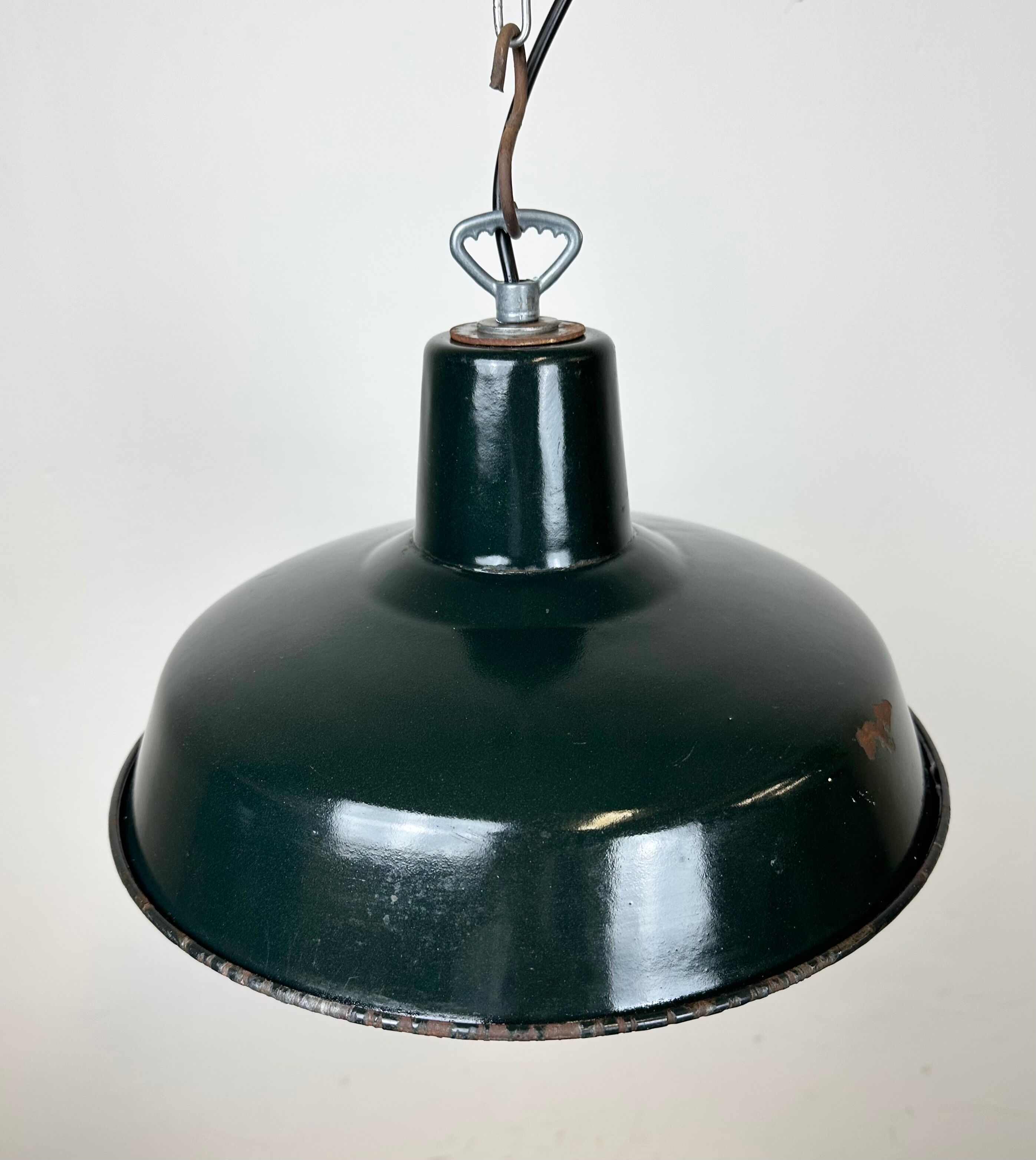Industrial French Dark Green Enamel Factory Lamp, 1960s