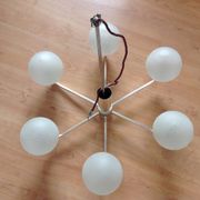 Six-light chrome metal chandelier and opaque glass globes / vintage 60s and 70s