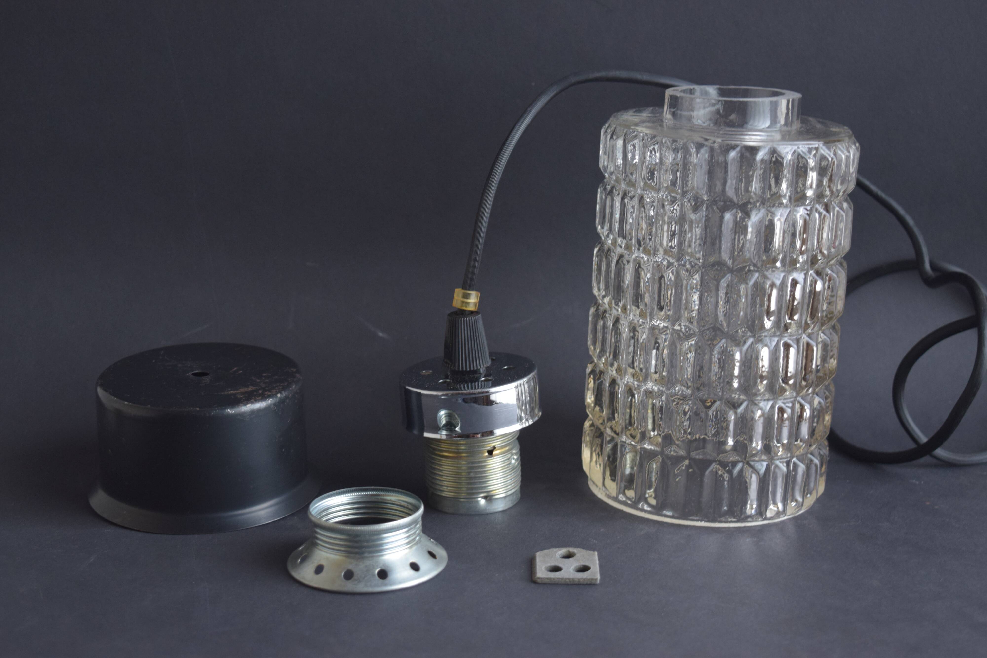 Vintage pendant light in textured molded glass and chrome metal