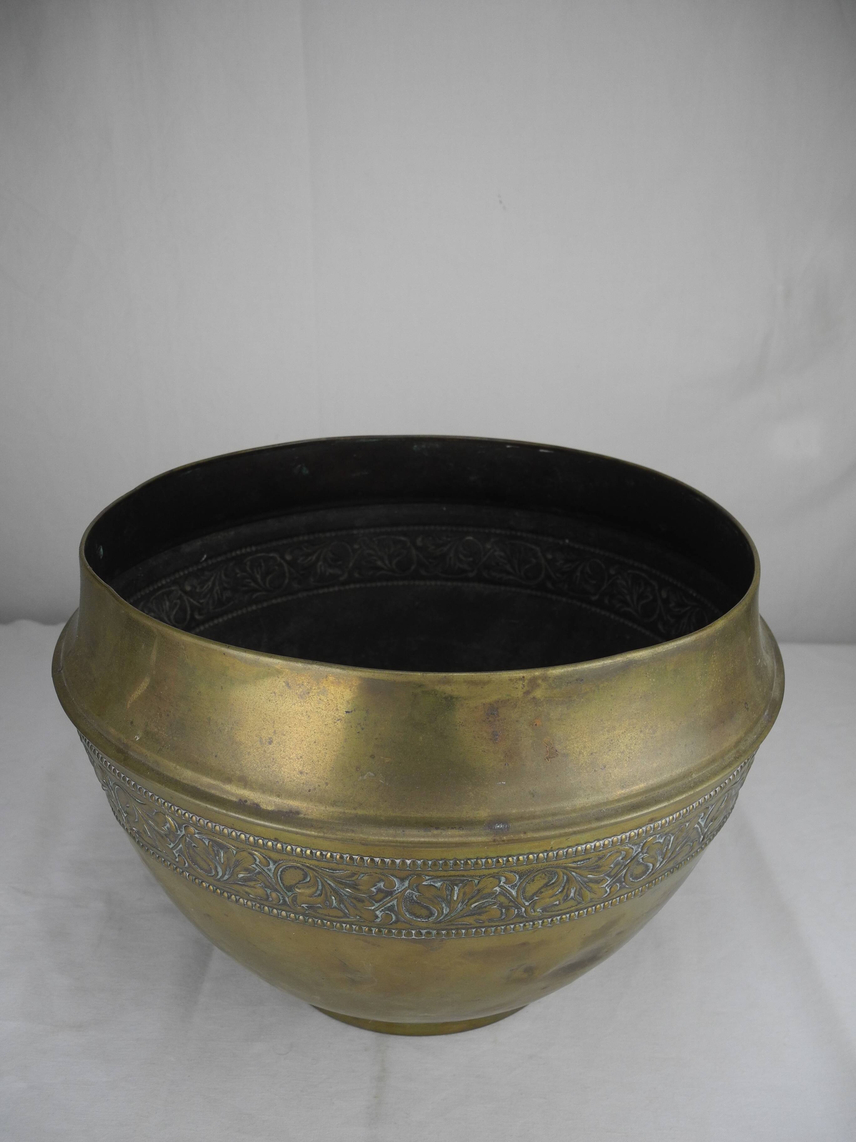 large old brass flower pot, gilded shabby decor, old brass flowers pot