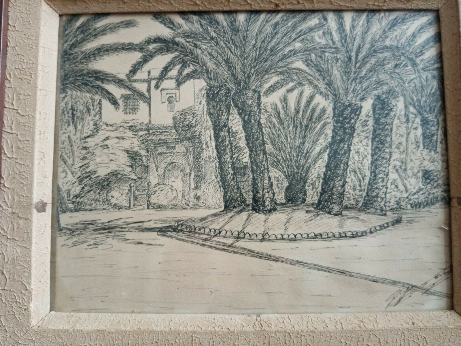 Old painting drawing in ink signed , Les Palmiers