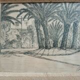 Old painting drawing in ink signed , Les Palmiers