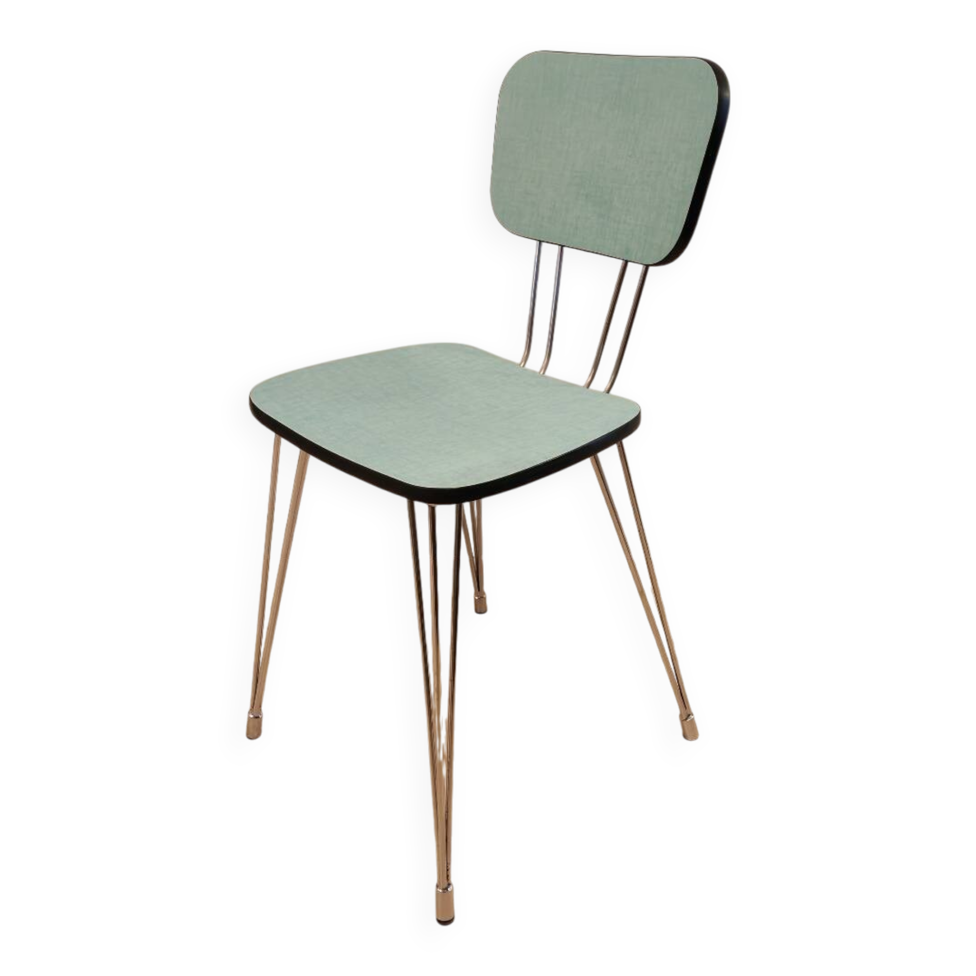 Pair of green Formica chairs with Eiffel legs