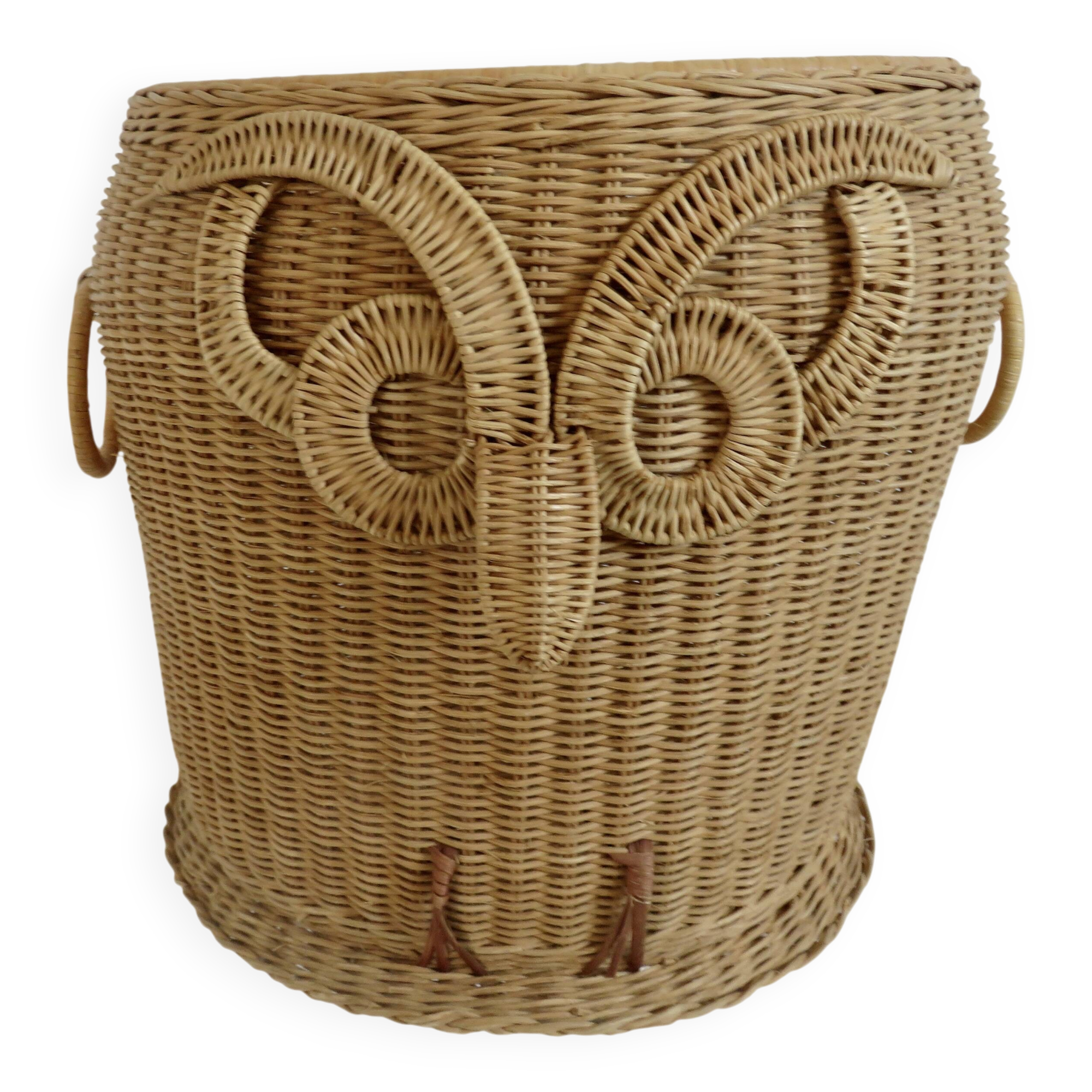Corbeille de rangement en rotin tressé " hibou, chouette " 1970
