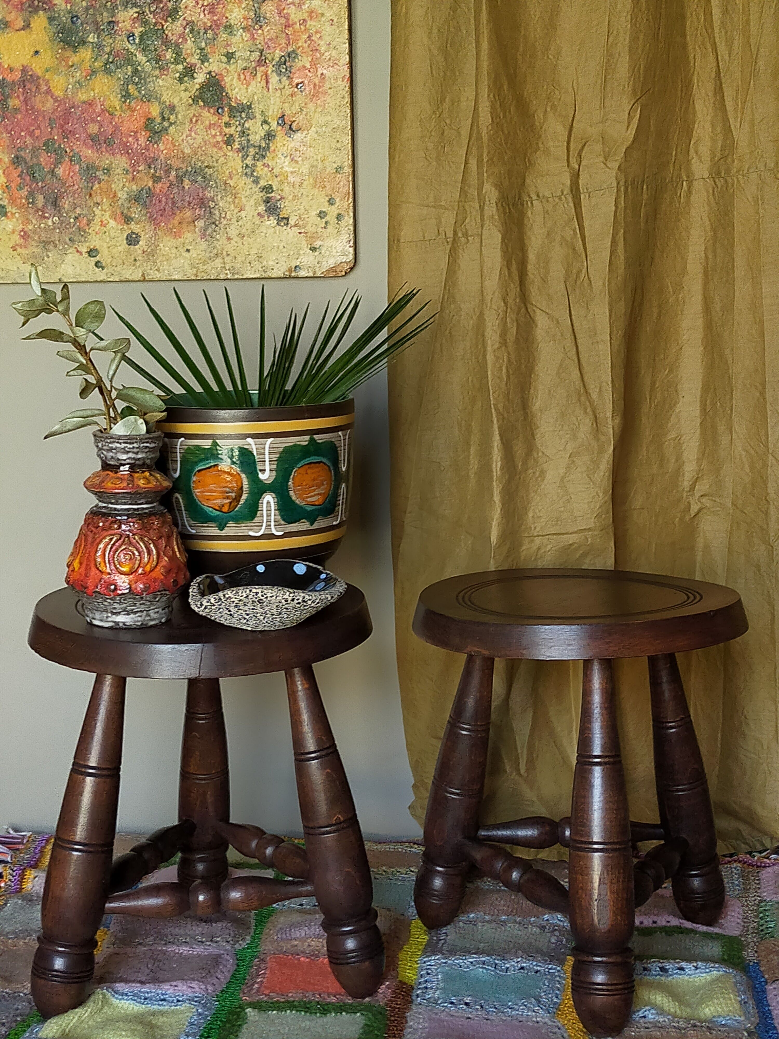 Pair of vintage wooden tripods stools