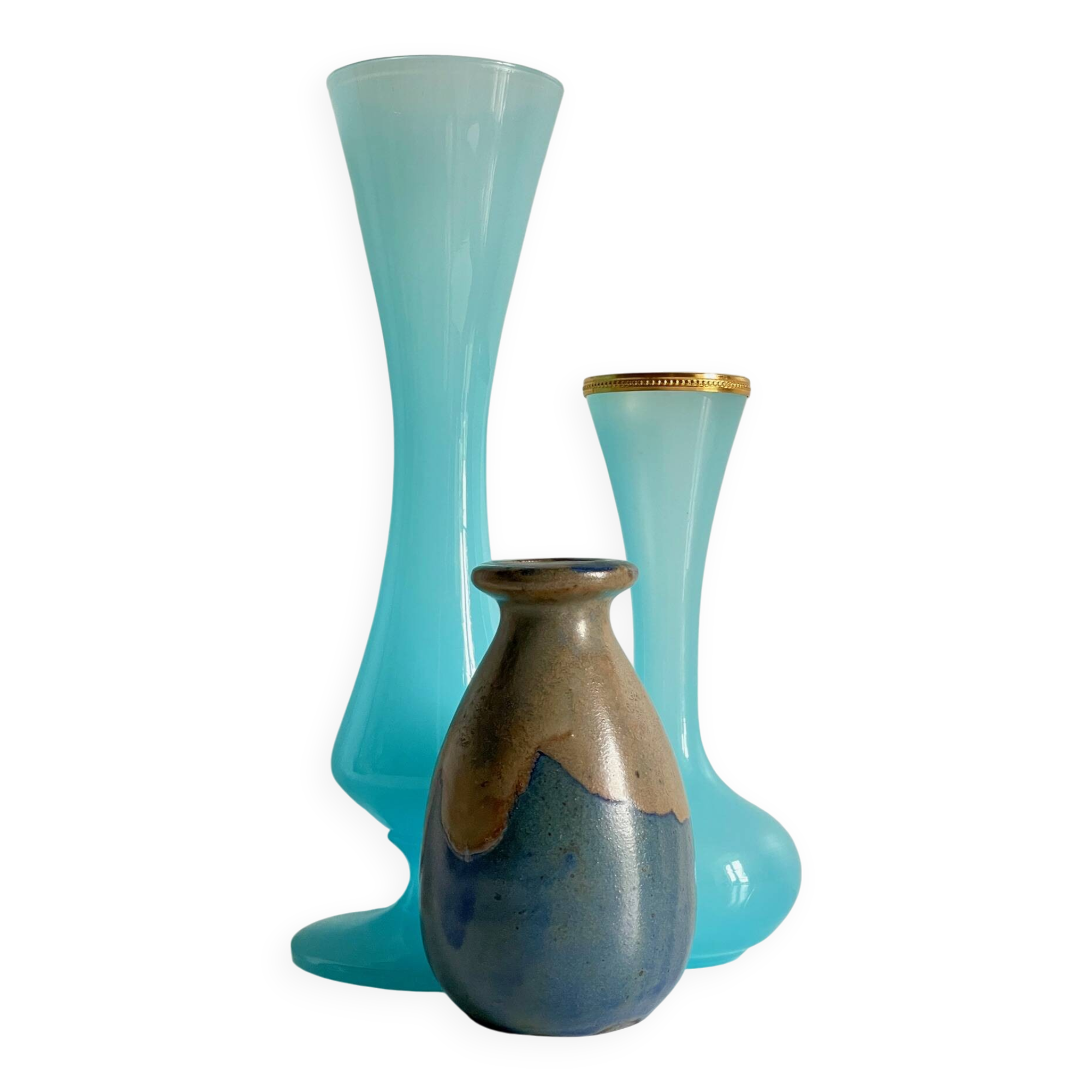 3 ocean blue stoneware opaline glass vintage vases