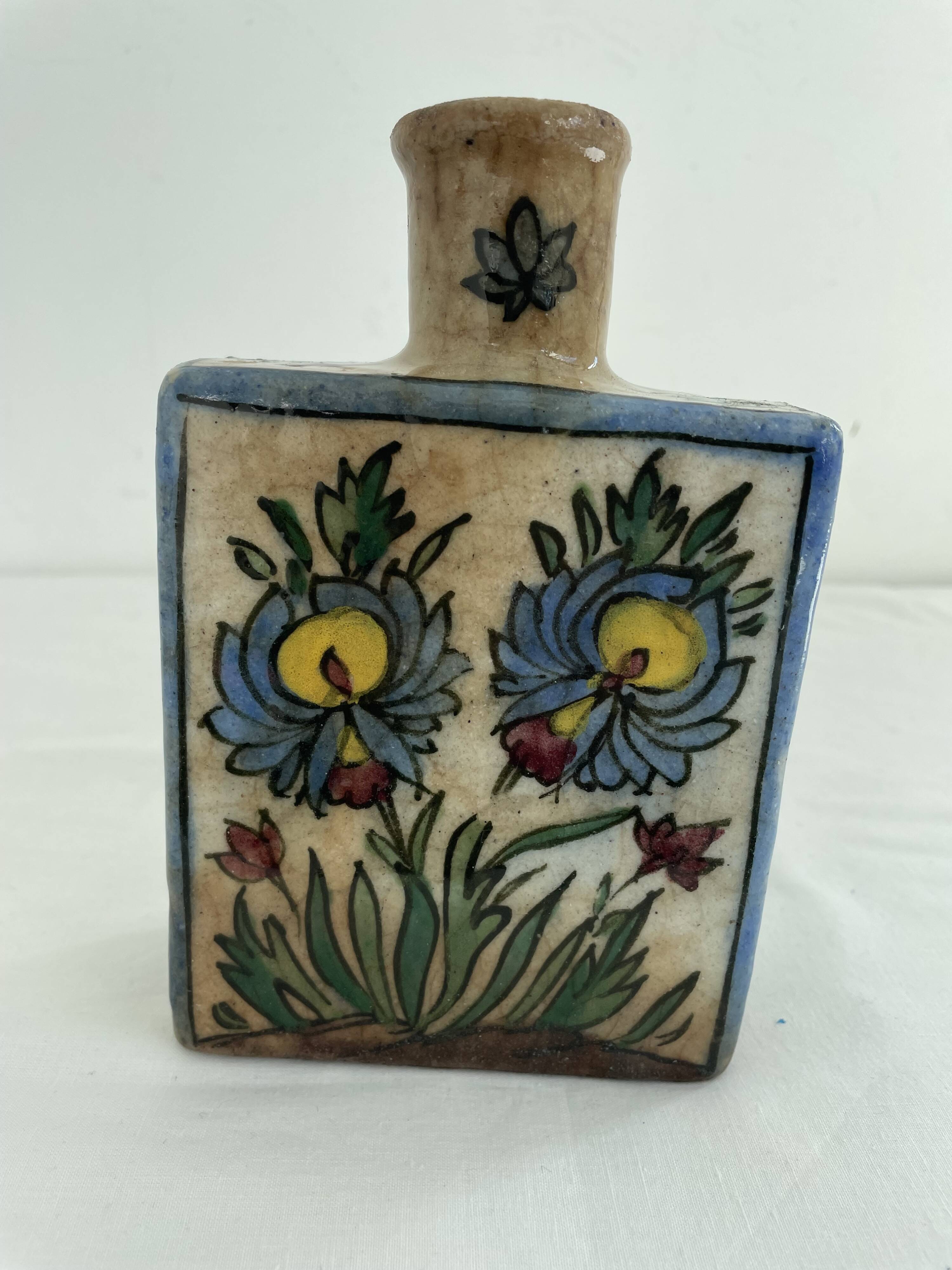 Persian bottle, antique vase with polychrome flower decoration, Kagjar style, antique ceramic