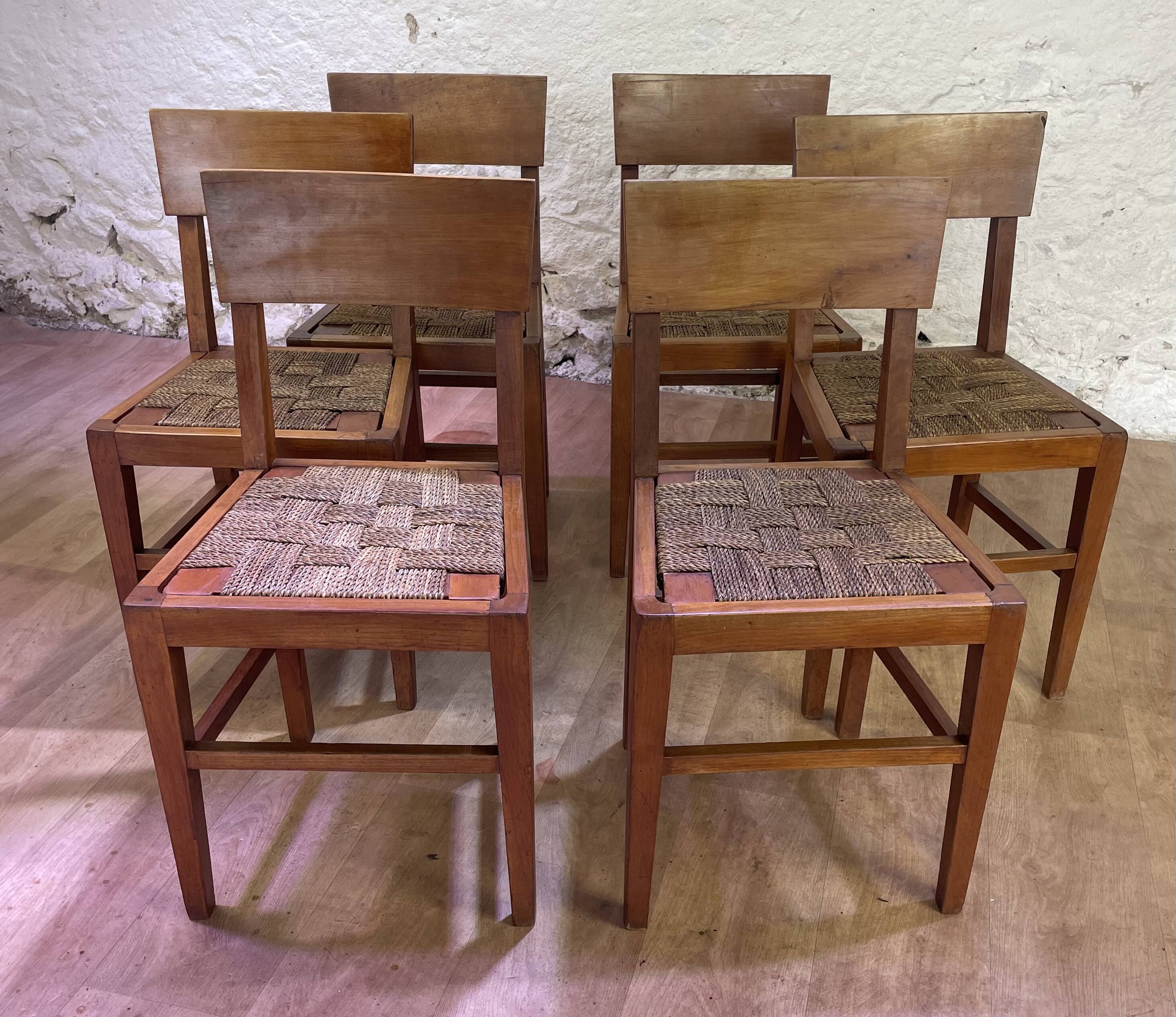 Set of 6 wooden and braided rope chairs