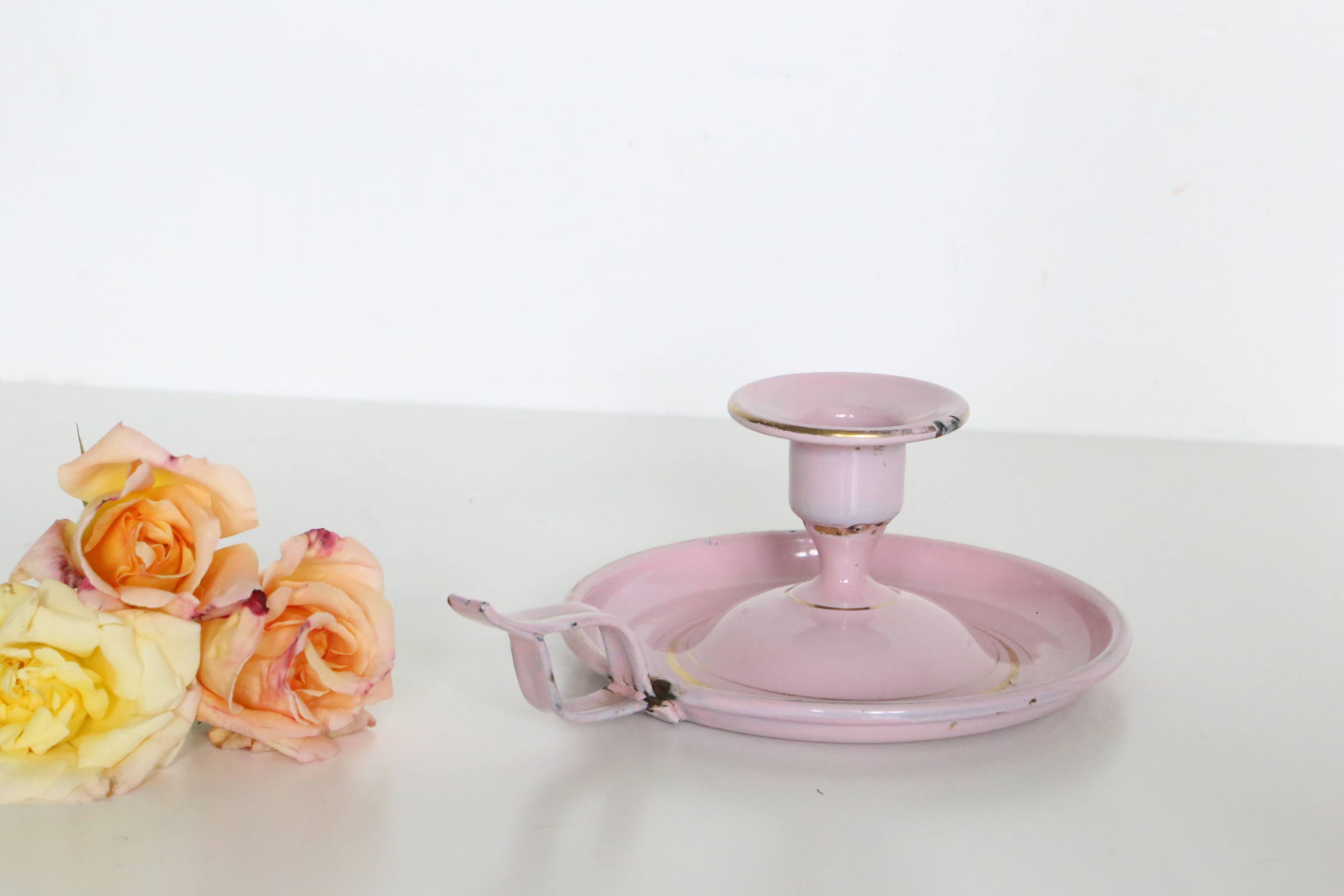 Pink cellar rat candleholder, enamelled metal, vintage
