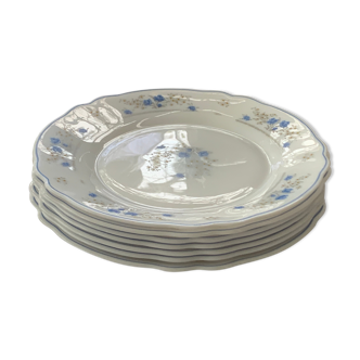 White dessert plates floral pattern blue roses and yellow flowers arcopal