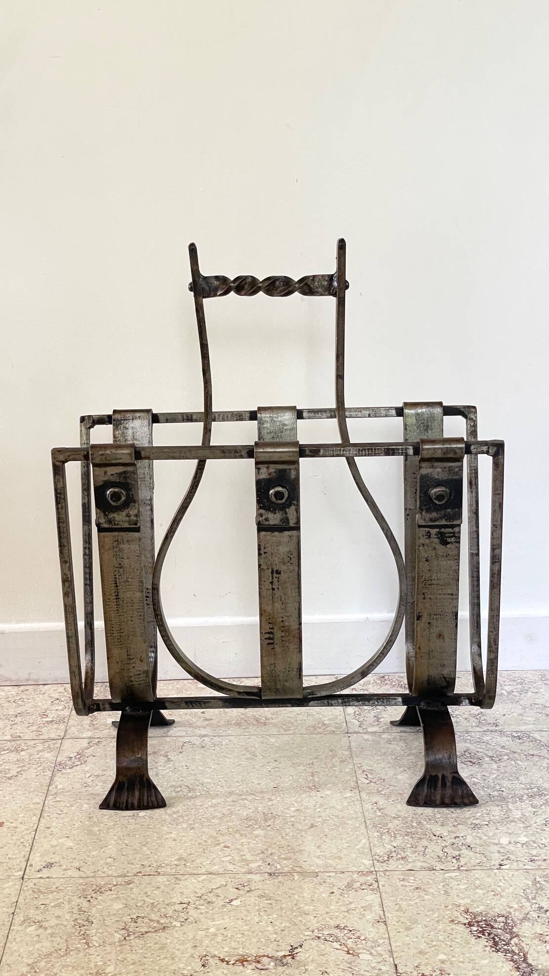 Brutalist vintage steel magazine rack