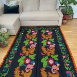 Romanian wool vintage carpet floral design and brown leaves