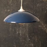 Suspension lamp with blue metal conical lampshade and white standard cord