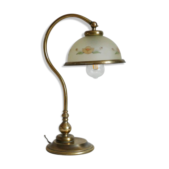 Vintage brass lamp and its glass paste lampshade with flower motifs